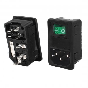 AC250V 10A DPST Green Lamp Rocker Switch IEC320 C14 Inlet Socket w Fuse 2Pcs