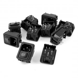AC 10A 250V Black Button Rocker Switch IEC320 C14 Inlet Power Socket 10 Pcs