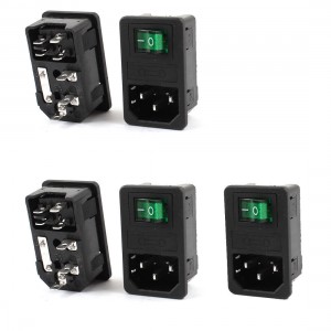 AC 250V 10A IEC 320 C14 Inlet Socket w Fuse w Green Light Rocker Switch 5Pcs