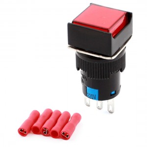 AC 220V Red Lamp 16mm SPDT Latching Push Button Switch w DIY Wiring Terminals