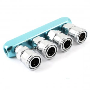 Metal Air Hose 4 Way Pass Cinnecting Quick Coupler Socket Silver Tone Light Blue