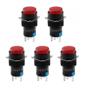 5 x DC 12V Red Light 5P Latching Panel Mount Round Push Button Switches